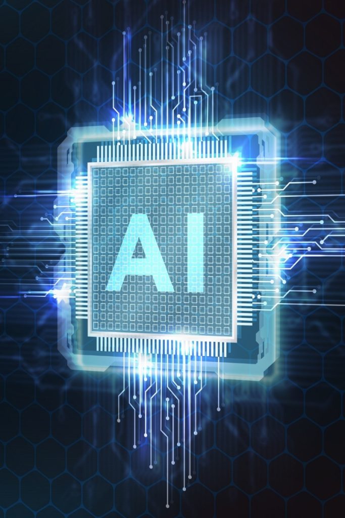 Light shining from a chip marked AI