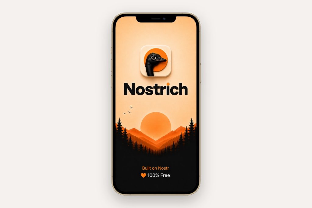 Nostrich app splash screen on a gold iPhone