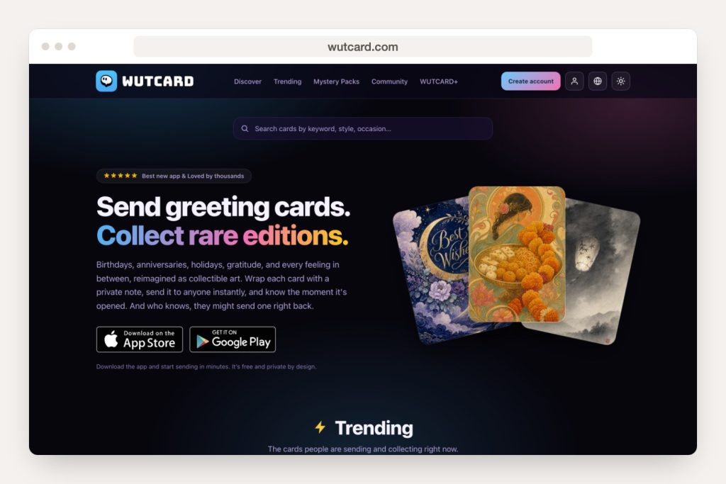 Home page of wutcard.com shown in a browser window